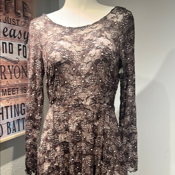 Adore Brown Tan Asymmetrical Gown with Bishop Sleeves - Picture 3 of 16